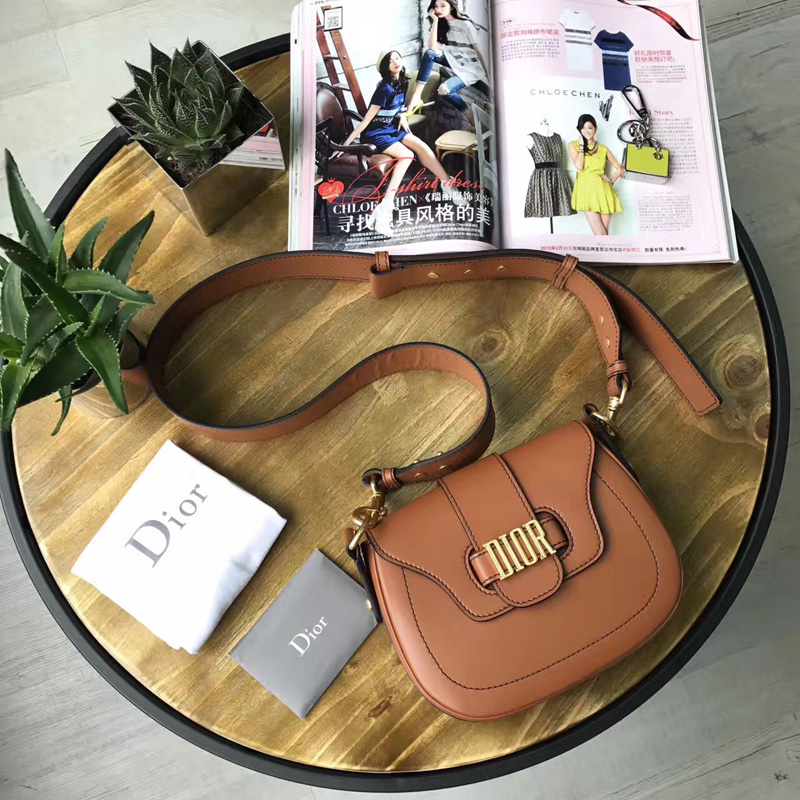 迪奧Dior 2017新款女包 D-FENCE焦糖色小牛皮斜挎包 迪奧馬鞍包
