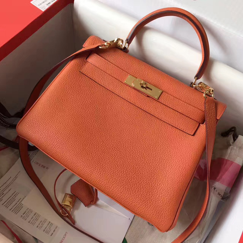 愛馬仕Hermes Kelly系列 凱莉包 純手工定制版 28cm TOGO皮 橙色