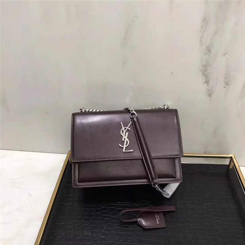 442906 YSL圣羅蘭 Sunset最新 牙簽紋牛皮 翻蓋鏈條包 深褐色