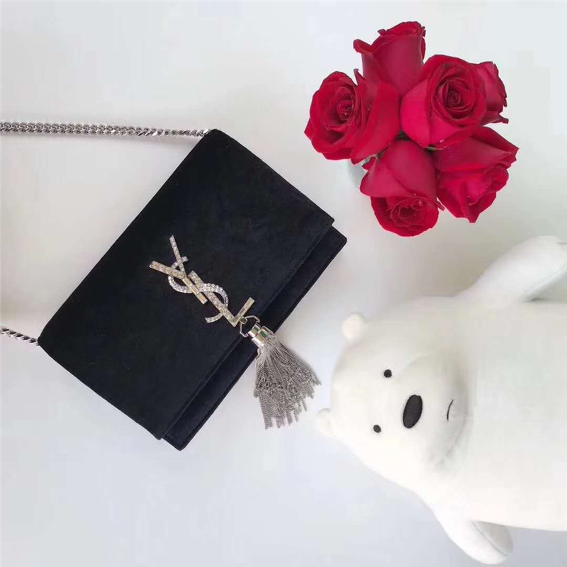 491521 YSL圣羅蘭 天鵝絨 帶鉆五金 手拿肩背 流蘇兩用包 黑色