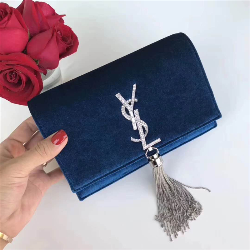 491521 YSL圣羅蘭 天鵝絨 帶鉆五金 手拿肩背 流蘇兩用包 紫藍(lán)色