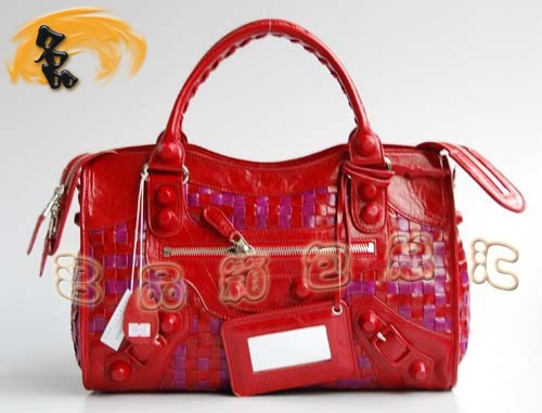 084332 BLENCIAGA新款紅配紫色牛皮編織手提包 巴黎世家機車包 經典款斜挎包