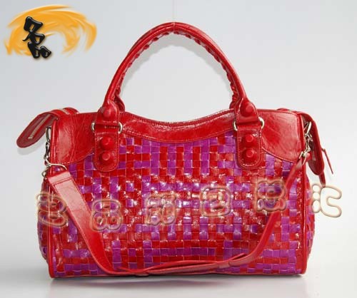 084332 BLENCIAGA新款紅配紫色牛皮編織手提包 巴黎世家機車包 經典款斜挎包