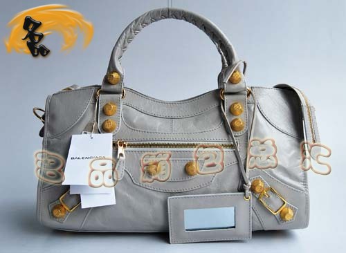 084328B BALENCIAGA 巴黎世家 機車包 金釘 灰白色牛皮時尚休閑女包