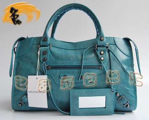 084332 BLENCIAGA最新手提包 寶藍色牛皮時尚女包 BLENCIAGA機車包