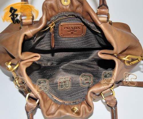 80043 普拉達(dá)熱賣新款牛皮兩用女包 Prada手提包 Prada斜挎包 土黃色