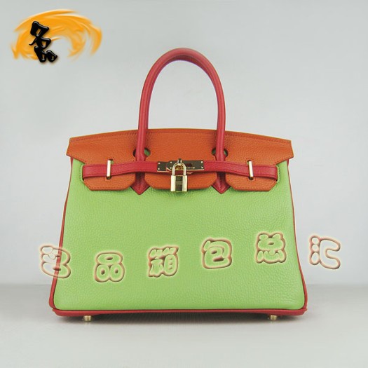 6088 Hermes Birkin 30 鉑金包 女包 Hermes 綠紅橙三色 牛皮手提包 金扣