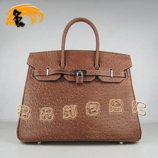 6089 Hermes Birkin 鉑金包 35 Birkin 鴕鳥紋女包 Hermes手提包 淺啡色銀扣