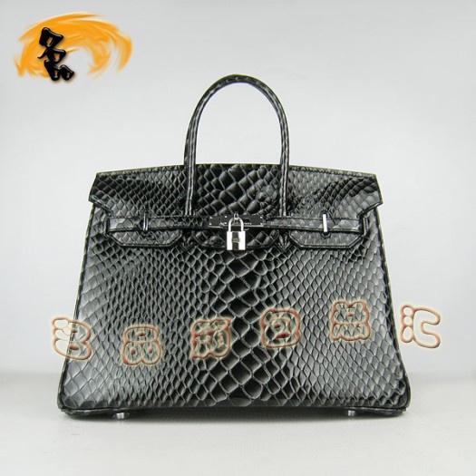 6089 Hermes新款魚紋女士手提包 Hermes Birkin 鉑金包 35 Birkin 黑色銀扣
