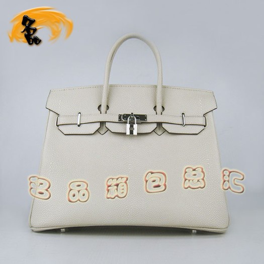 6089 Hermes新款 鉑金包35cm Birkin 珍珠紋女包 Hermes手提包 米白色銀扣