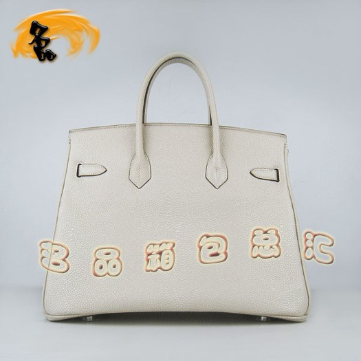 6089 Hermes新款 鉑金包35cm Birkin 珍珠紋女包 Hermes手提包 米白色銀扣