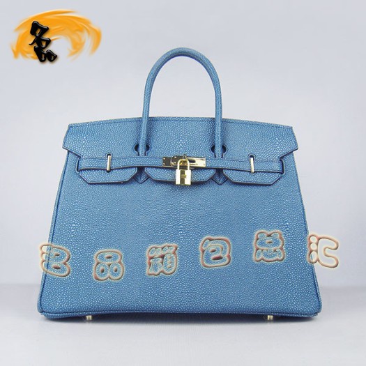 6089 Hermes手提包 Hermes 35 Birkin 鉑金包 珍珠紋女包 中藍(lán)色金扣