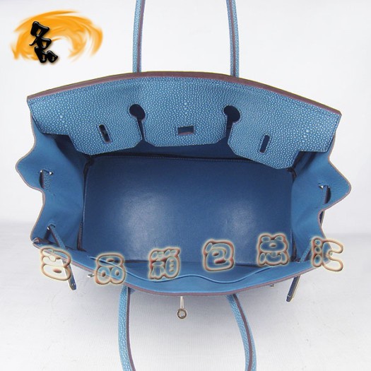 6089 Hermes手提包 Hermes 35 Birkin 鉑金包 珍珠紋女包 中藍(lán)色金扣