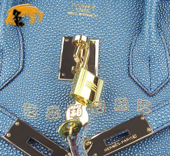 6089 Hermes手提包 Hermes 35 Birkin 鉑金包 珍珠紋女包 中藍(lán)色金扣
