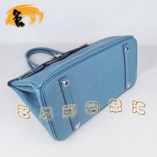 6089 Hermes手提包 Hermes 35 Birkin 鉑金包 珍珠紋女包 中藍(lán)色銀扣