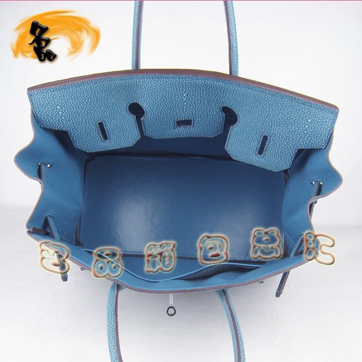 6089 Hermes手提包 Hermes 35 Birkin 鉑金包 珍珠紋女包 中藍(lán)色銀扣