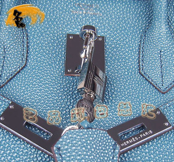 6089 Hermes手提包 Hermes 35 Birkin 鉑金包 珍珠紋女包 中藍(lán)色銀扣