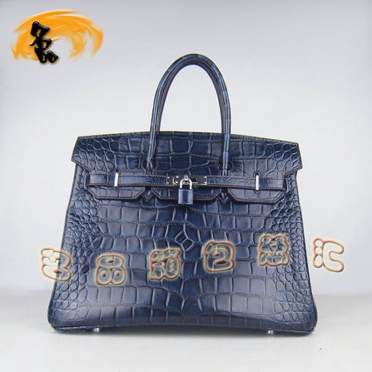 6089 Hermes 鱷魚紋手提包 Hermes女包 Hermes Birkin 鉑金包 深藍色銀扣(35)