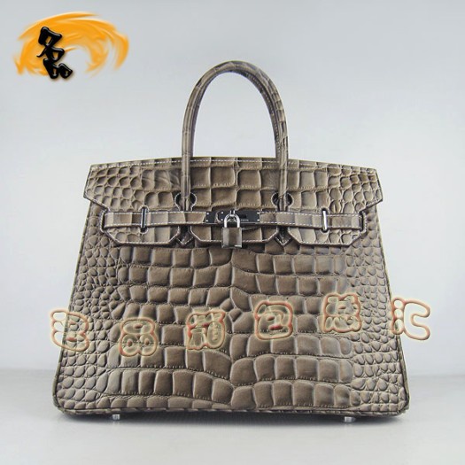 6089 Hermes 鱷魚紋手提包 Hermes女包 Hermes Birkin 鉑金包 卡其色銀扣(35)