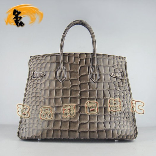 6089 Hermes 鱷魚紋手提包 Hermes女包 Hermes Birkin 鉑金包 卡其色銀扣(35)