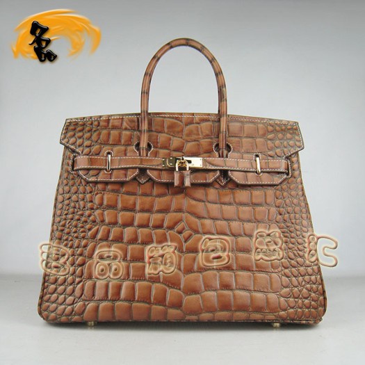 6089 Hermes 鱷魚紋手提包 Hermes女包 Hermes Birkin 鉑金包 淺啡色金扣(35)
