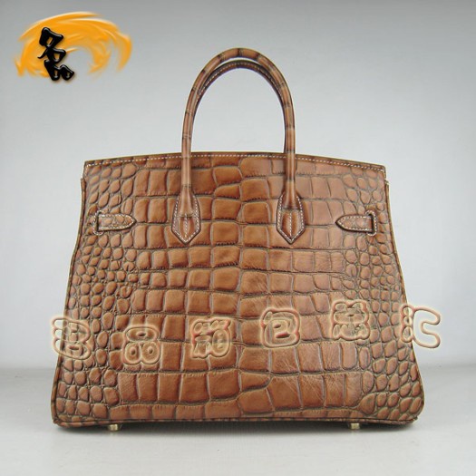 6089 Hermes 鱷魚紋手提包 Hermes女包 Hermes Birkin 鉑金包 淺啡色金扣(35)