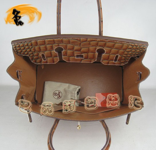 6089 Hermes 鱷魚紋手提包 Hermes女包 Hermes Birkin 鉑金包 淺啡色金扣(35)