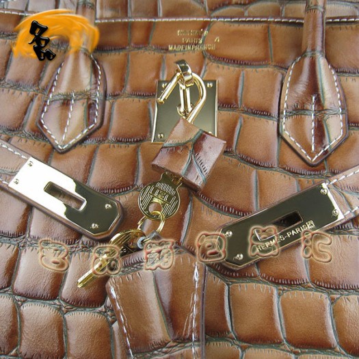 6089 Hermes 鱷魚紋手提包 Hermes女包 Hermes Birkin 鉑金包 淺啡色金扣(35)