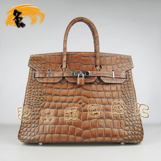 6089 Hermes 鱷魚紋手提包 Hermes女包 Hermes Birkin 鉑金包 淺啡色銀扣(35)