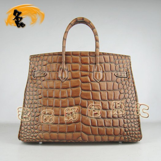 6089 Hermes 鱷魚紋手提包 Hermes女包 Hermes Birkin 鉑金包 淺啡色銀扣(35)