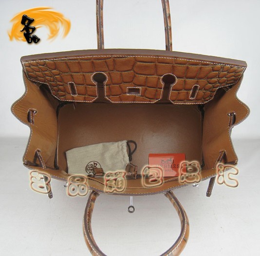 6089 Hermes 鱷魚紋手提包 Hermes女包 Hermes Birkin 鉑金包 淺啡色銀扣(35)