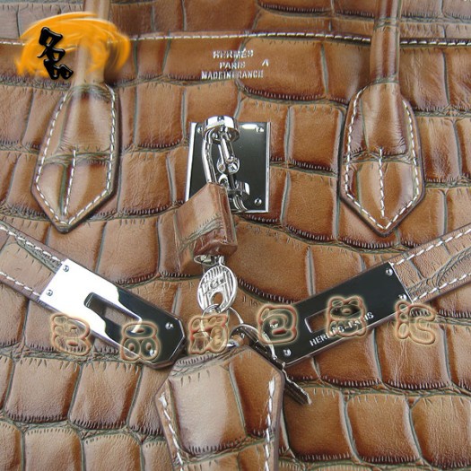 6089 Hermes 鱷魚紋手提包 Hermes女包 Hermes Birkin 鉑金包 淺啡色銀扣(35)