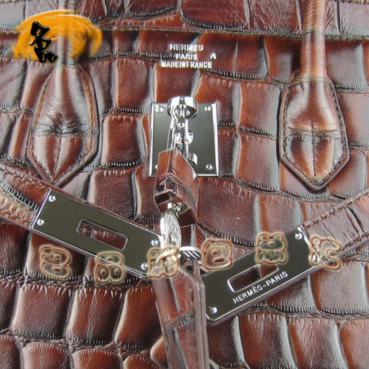 6089 Hermes 鱷魚紋手提包 Hermes女包 Hermes Birkin 鉑金包 啡色銀扣(35)