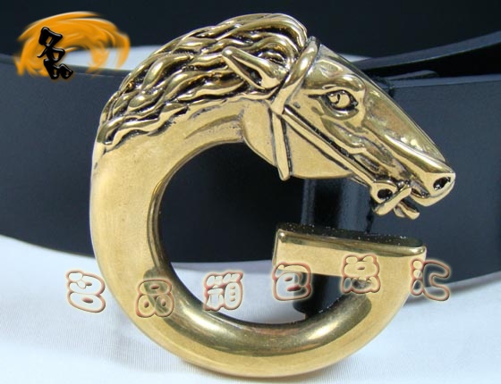 201785 Gucci皮帶 Gucci最新款進口牛皮配馬頭金扣時尚男士皮帶 Gucci腰帶