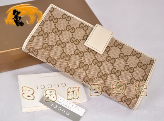 112715 Gucci經典雙G花布女士錢夾 Gucci長款錢包 Gucci女包 錢包 杏配米白色