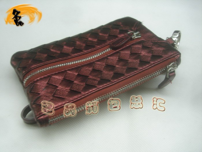 08763 Bottega Veneta羊皮編織錢包 手抓包 BV零錢包 Bottega硬幣包 棗紅色
