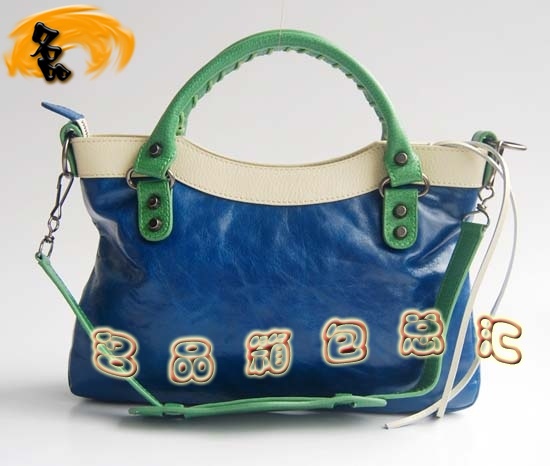 084331 巴黎世家女包 拼色頭層牛皮女士機車包 Balenciaga手提包 單肩包 藍配米白色