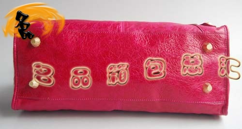 084328B Balenciaga機(jī)車包 單肩包 巴黎世家手提包 進(jìn)口羊皮大金釘女包 桃紅色