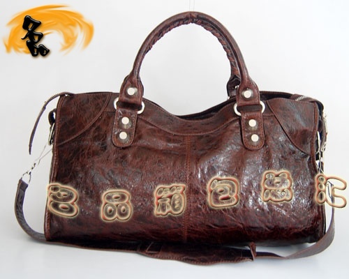 084328A Balenciaga單肩包 機車包 巴黎世家手提包 進口羊皮大銀釘女包 啡色