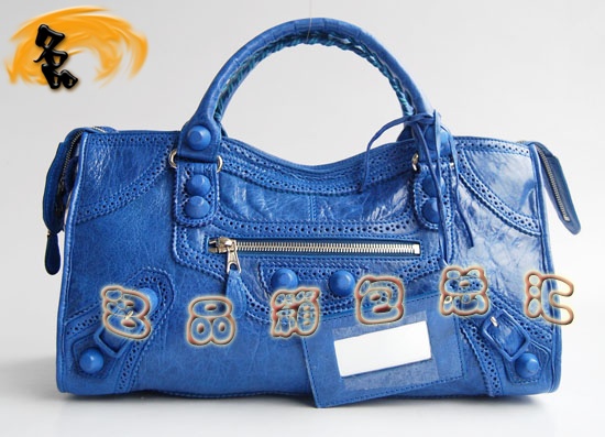 084828 1:1品質(zhì) Balenciaga機(jī)車(chē)包 女士單肩包 巴黎世家羊皮花邊皮釘手提包 藍(lán)色