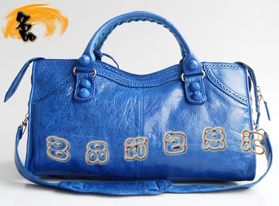 084828 1:1品質(zhì) Balenciaga機(jī)車(chē)包 女士單肩包 巴黎世家羊皮花邊皮釘手提包 藍(lán)色