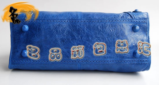 084828 1:1品質(zhì) Balenciaga機(jī)車(chē)包 女士單肩包 巴黎世家羊皮花邊皮釘手提包 藍(lán)色