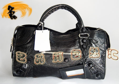 084828 1:1品質(zhì) Balenciaga機(jī)車包 女士單肩包 巴黎世家羊皮花邊皮釘手提包 黑色