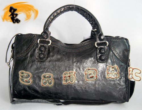 084828 1:1品質(zhì) Balenciaga機(jī)車包 女士單肩包 巴黎世家羊皮花邊皮釘手提包 黑色