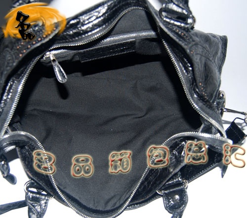 084828 1:1品質(zhì) Balenciaga機(jī)車包 女士單肩包 巴黎世家羊皮花邊皮釘手提包 黑色