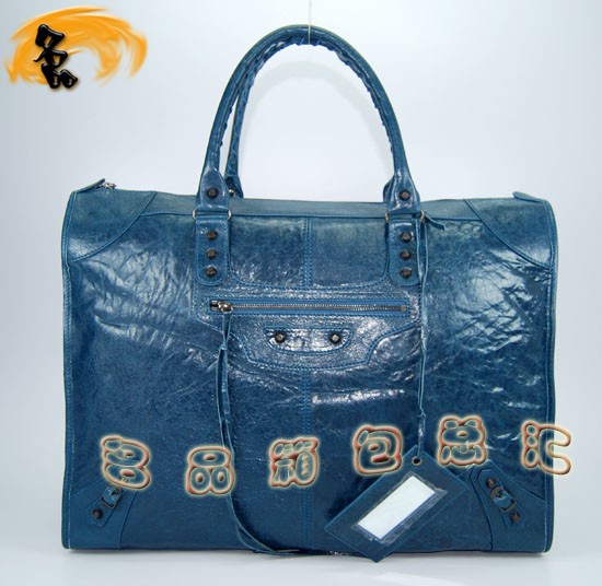 084334 Balenciaga機車包 單肩包 巴黎世家手提包 進口羊皮大金釘時尚女包 寶藍色