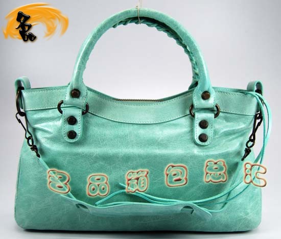 103208 巴黎世家單肩包 Balenciaga機車包 進口油皮時尚女包 手提包 湖水藍色