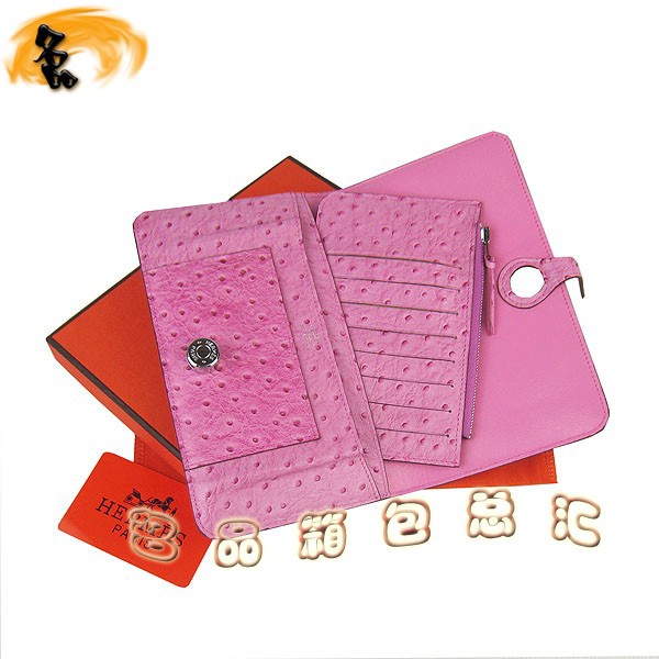 H001 Hermes錢包 愛馬仕經(jīng)典款兩折錢包 Hermes手拿包 鴕鳥紋女士錢夾 桃紅色