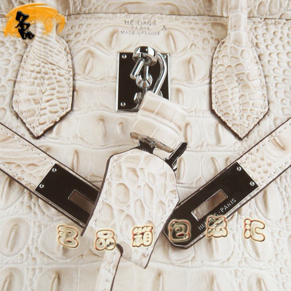6088 愛馬仕女包 Hermes手提包 Hermes Birkin 鉑金包 鱷魚頭紋(30) 米白色銀扣