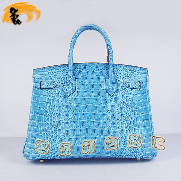 6088 愛馬仕女包 Hermes手提包 Hermes Birkin 鉑金包 鱷魚頭紋(30) 淺藍色金扣